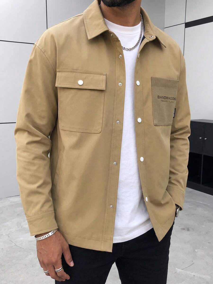 Blueprint Man 1pc Men's Khaki Lapel Jacket, Metal Snap Button Front Closure, Smooth Skin-Friendly Fabric, Lightweight And Crisp, Loose Drop Shoulder Fit, Minimalist Casual Style, Suitable For Daily Commute And Travel - Khaki - View 1