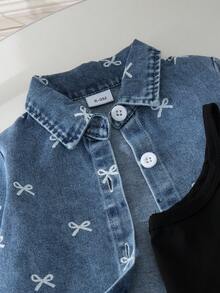 3pcs Baby Girl Vintage Casual Printed Long Sleeve Denim Jacket, Black Camisole Top And Shorts Set, Lightweight For Spring And Autumn - Light Wash - View 5