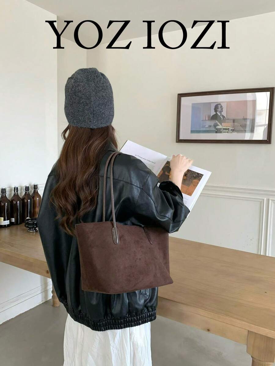 Maillard Autumn/Winter New Large Capacity Tote Bag, Fashionable High-End Shoulder Mother-Daughter Bag, Solid Color Vintage Handbag - Chocolate Brown - View 1