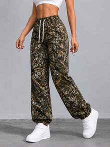 AODSR Women Camouflage Jogger Pants Drawstring Elastic High Waist Loose Fit Tapered Leg Casual Streetwear Outdoor Trousers - Grey - View 6
