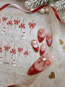 1 Sheet Christmas 3D Embossed Nail Stickers, Snowman Red Bow White Snowflake Self-Adhesive Nail Decals, Xmas DIY Manicure Decor - Multicolor - View 5
