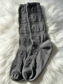1 Pair Hollow Layered Leg Warmers, Knitted Mid-Calf Socks, Sweet Versatile White, Suitable For Autumn/Winter - Multicolor - View 12