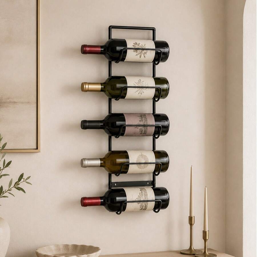 5 Bottle Wine Rack Wall Mounted Black Metal Holder 58x15x11.5cm - Black - View 1