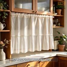 1pc French Cream Style White Pom Pom Trim Patchwork Short Curtain, Kitchen Window Atmosphere Cafe Curtain, Top Rod Pocket - Beige - View 10