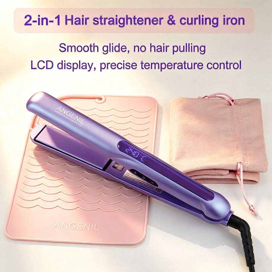 Alat Penata Rambut Profesional ANGENIL - Pelurus & Pengeriting 2-in-1. Plat Keramik Menciptakan Tekstur Rambut Halus dan Lembut. Fitur Tegangan Ganda, Pemanasan Cepat dan 8 Pengaturan Suhu yang Dapat Disesuaikan, Cocok untuk Semua Jenis Rambut.