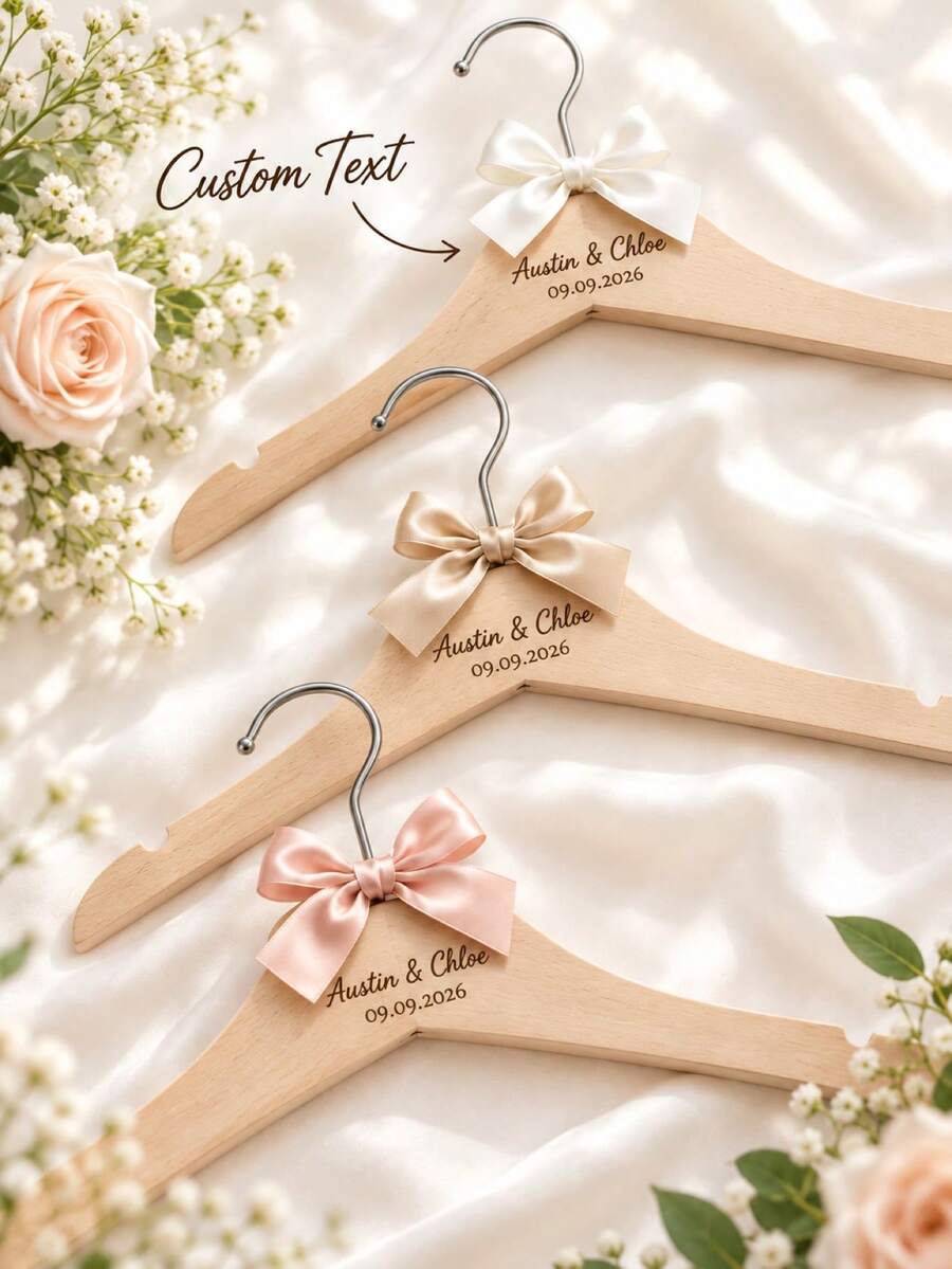 1pc Personalized Engraved Wedding Wooden Hanger, Custom Names & Date Bridal Dress Hanger With Satin Ribbon Bow, Wedding Keepsake, Bridal Shower Gift For Bride, Wedding Photo Prop - Multicolor - View 1