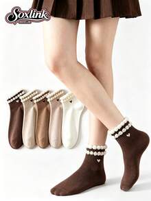5 Pasang Kaos Kaki Pendek Wanita Vintage Maillard dengan Hiasan Rumbai, Kaos Kaki Kasual Motif Hati Kecil Musim Semi/Musim Gugur, Warna Kopi Lembut, Kaos Kaki Pendek Serbaguna untuk Mahasiswa/Komuter - MultiWarna - View 10