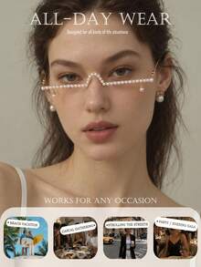 1pc Pearl Decorated Lensless Frame, Half-Rim Glasses With Hanging Pearl Pendant, Women's Fashion Party Photo Prop Facial Accessory - Pearl - View 4
