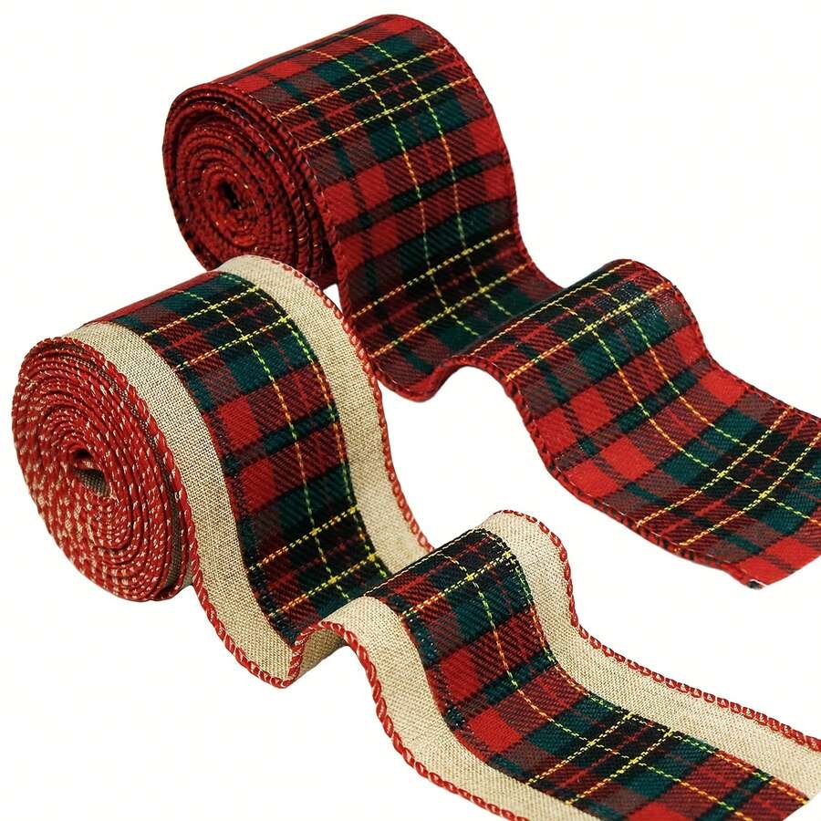 2pcs Red & Green Plaid Ribbon, For Christmas Tree Bows And Holiday Decorations (2.5 Inches Wide, 5 Yards Long) - Multicolor - View 1