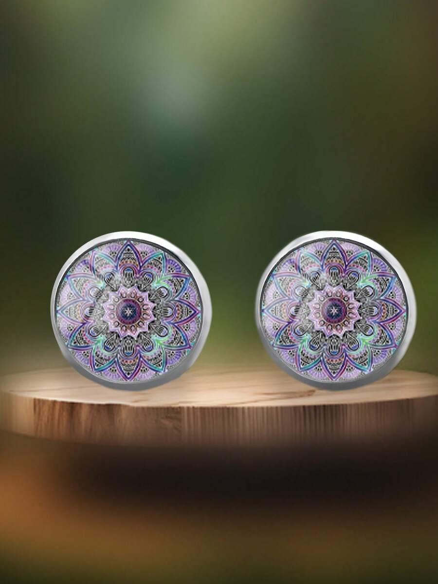 YUJUGLOW 1 Pair Bohemian Mandala Pattern 316 Stainless Steel Round Stud Earrings For Women Daily Wear - Purple - View 1