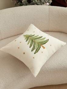 1pc Christmas Tree Embroidered Chenille Pillow Case, Red/Beige Holiday Decorative Cushion Cover, Hidden Zipper Design, Removable And Washable, Suitable For Sofa Living Room Christmas Home Decor, Pillow Insert Not Included - Beige - View 6