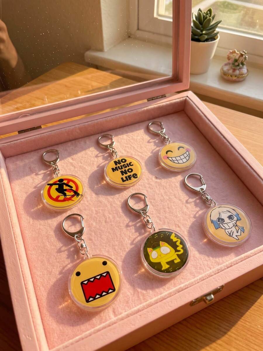 1pc/6pcs Funny Icons Acrylic Keychains, Cat And Anime Character Round Pattern Pendant, Backpack And Car Key Accessory, Meme And Music Lover Gift, Back To School, Gift For Meme Lovers, Gift For Friends, Exquisite Collection, All Season - Multicolor - View 1