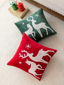 1pc 3D Embroidered Velvet Deer & Tree Pillow Case, Without Pillow Insert, Christmas Theme, All Season Decorative Cushion Cover, Suitable For Living Room, Bedroom, Machine Washable - Red Cloth Reindeer - View 9