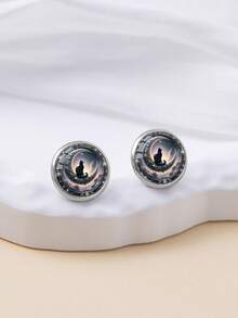 YUJUGLOW 1 Pair Dark Fantasy Crescent Moon Black Cat Pattern 316 Stainless Steel Round Stud Earrings Suitable For Women's Daily Wear - Purple - View 4