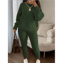 Conjunto de dos piezas de punto hombro al descubierto, blusa de manga larga y pantalones anchos, conjunto casual elegante para mujer - Verde militar - Ver 2