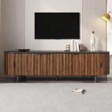 TV Lowboard Made Of MDF With 5 Doors, Fluted Front, Rounded Sides, Iron Legs, And Iron Handles - Walnut+MDF - View 1