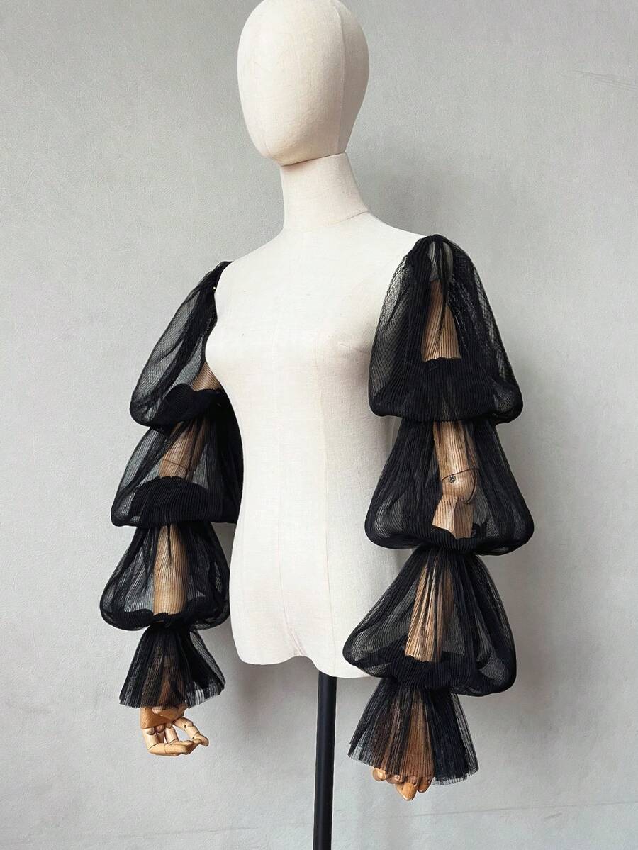 1pc Black Mesh Petal Sleeve 2-Piece Elastic Pleated 4-Layer Bridal Sleeve Covers - Multicolor - View 1