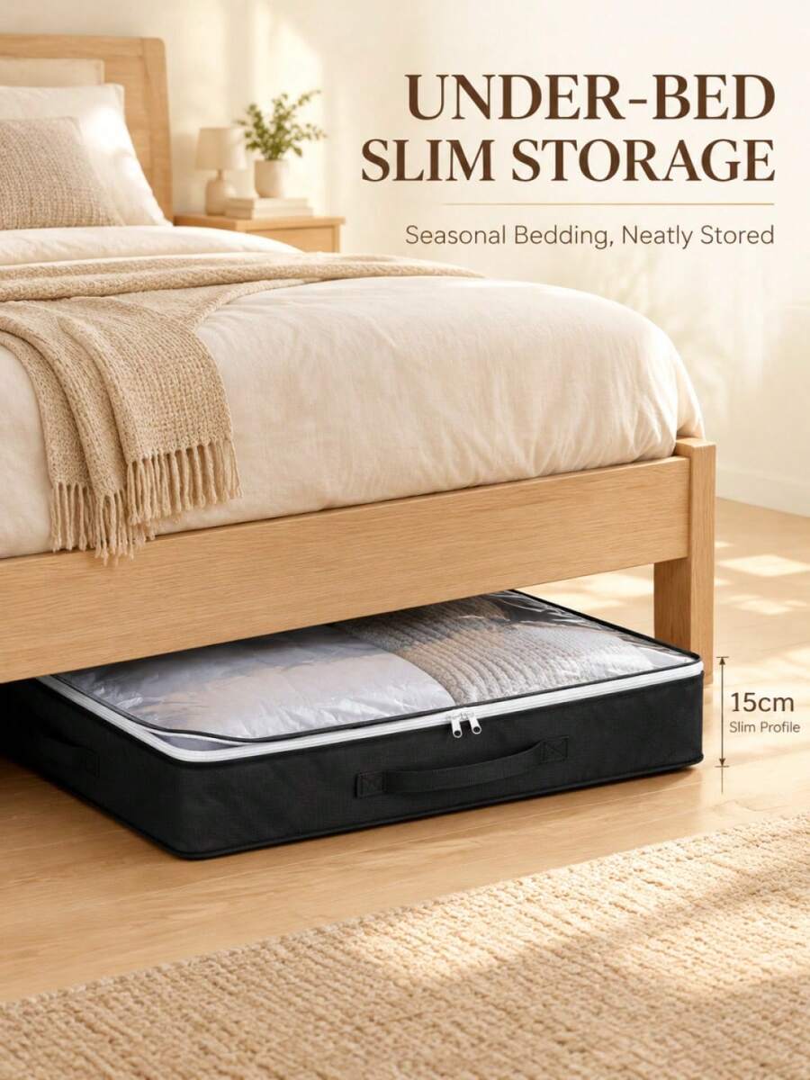 Under-Bed Storage Bag With Clear Window, 15cm Slim Quilt Organizer, Dustproof Zippered Bedding Bag With Handles - View 1