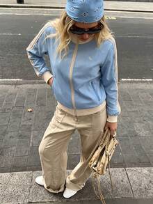 Women's Colorblock Stand Collar Zipper Long Sleeve Jacket, Embroidered Detail Side Stripe Casual Outerwear - Blue - View 4