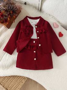 2pcs Girls Vintage Sweet Style Corduroy Short Jacket With Lapel And Frill Trim, Paired With High Waist Ruffle Button A-Line Skirt Set, Spring/Autumn - Burgundy - View 5