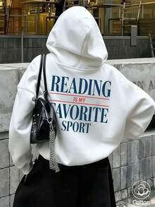 Unisex Oversized Hoodie: 'Reading Is My Favorite Sport' Blue & Red Back Print, Breathable Casual Pullover For Youth, Spring Autumn Daily Wear - White - View 1