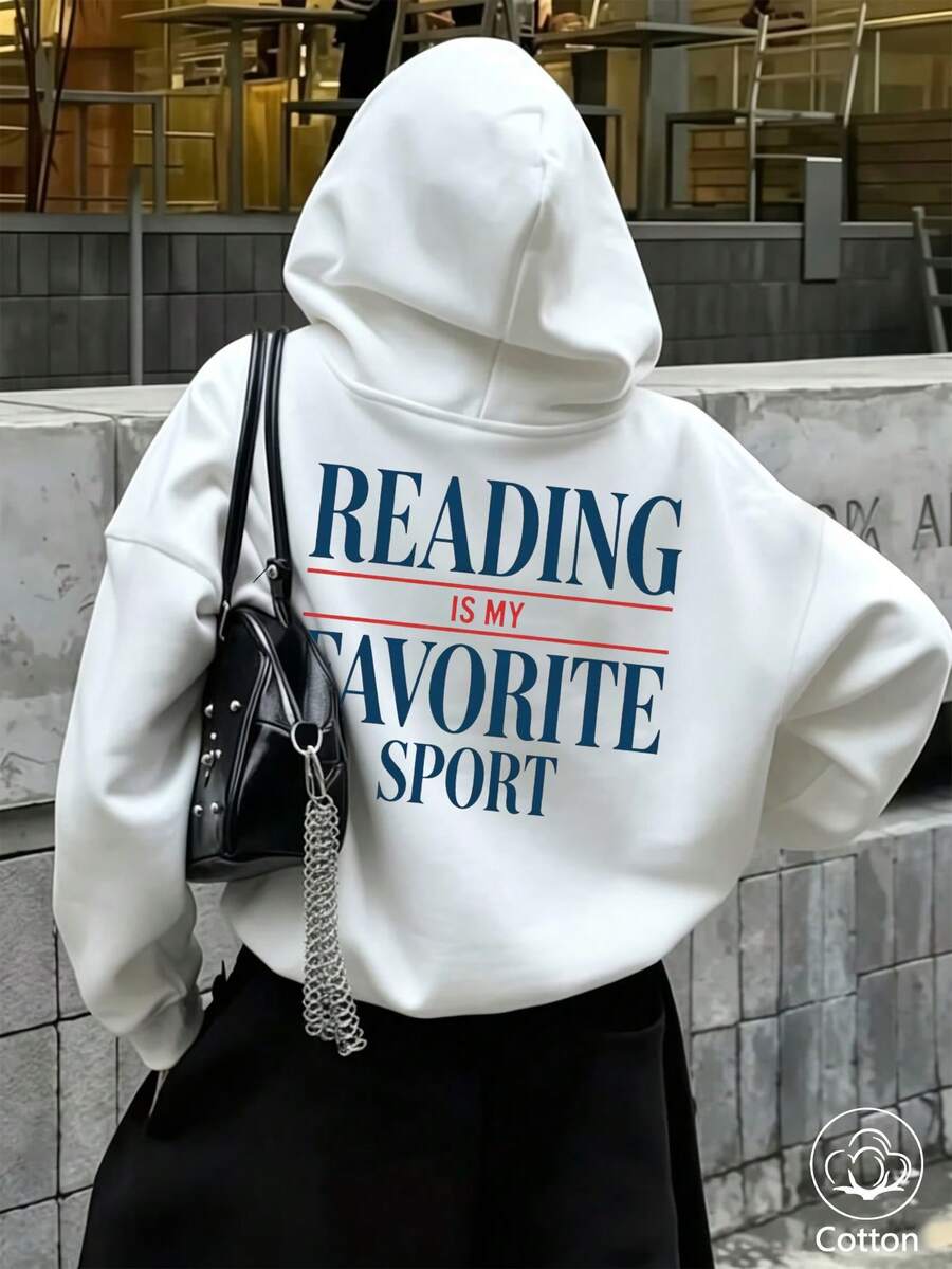 Unisex Oversized Hoodie: 'Reading Is My Favorite Sport' Blue & Red Back Print, Breathable Casual Pullover For Youth, Spring Autumn Daily Wear - White - View 1