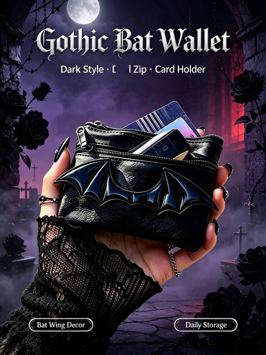 Halloween Punk Gothic Bat Wing Multi Purpose Data Cable Storage Bag,Wallet, 4 Zipper Layers Ultra Slim Portable Coin Purse, Multi-Pocket Small Storage Pouch, Lightweight Pocket Bag For Cards Coins Keys, Fashion Daily Carry Accessory ,Halloween Gift - Dark 3D Bat Wing Storage Bag Series - View 1