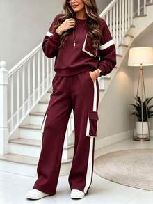 Spring/Autumn Casual Women's Fashion Commute Set, Comfortable Loose Long Sleeve Top + Straight Leg Pants 2 Pieces Set, Versatile Contrast Color Top With High Waist Drawstring Loose Straight Leg Pants 2 Pieces Set - Burgundy - View 6