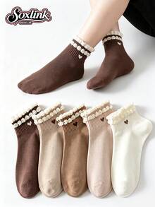 5 Pasang Kaos Kaki Pendek Wanita Vintage Maillard dengan Hiasan Rumbai, Kaos Kaki Kasual Motif Hati Kecil Musim Semi/Musim Gugur, Warna Kopi Lembut, Kaos Kaki Pendek Serbaguna untuk Mahasiswa/Komuter - MultiWarna - View 8