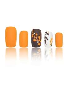 24pcs Full Set Short Square Fake Nails, Autumn/Winter Style Orange Yellow Leaf Pattern Design, Includes 1pc Jelly Glue And 1pc Nail File, Matte Texture Nails Perfect For Autumn/Winter Parties, Dancing And Daily Wear, Removable And Reusable - Multicolor - View 4