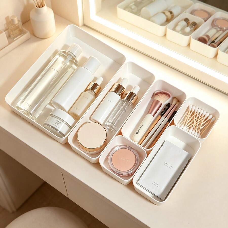 25/20/11/6/5/1pc Desktop Storage Box, White Drawer-Style Storage Box, Multi-Functional Home Storage Set, Vanity Storage Box And Organizer, Plastic Drawer Storage Box Suitable For Bedroom, Bathroom, Kitchen, Office, Used For Organizing Cosmetics, Skincare, Perfume, Lipstick, Nail Polish, Makeup Brushes, Eyeshadow, Powder Puffs, Suitable For Christmas, Halloween, Thanksgiving, Autumn/Winter Home Storage Decoration