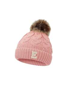 1PC Baby A-Z Letter Pink Knitted Hats Faux Fur Pom Pom Decor Cable Caps For Knit Baby Dome Hat Warm Hat Cold Weather Accessories - Pink - View 9