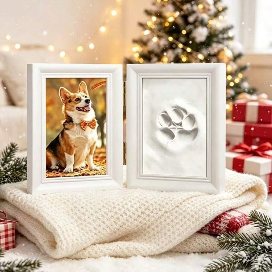 1PC Pet Paw Print Photo Frame Without Colorful Accessories And Letter Board, With Clay Impression Kit, Paw Print Making Kit, Cat Or Dog Memorial Keepsake Gift, Pet Home Decor, Wooden Desktop Photo Frame, Pure White - one-size - View 1