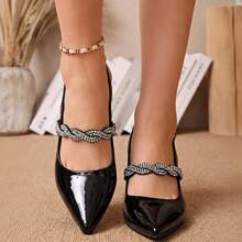 Women's Black Pointed Toe Slingback High Heels, Twisted Rhinestone Decor Strap With Chunky Square Heel, Elegant Evening Dress Pumps - Black - View 3