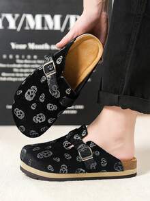Men's Black Skull Print Buckle Slippers, Soft Comfortable Non-Chafing Indoor/Outdoor Wear Slippers, New Personalized Cork Mule Shoes - Black - View 6