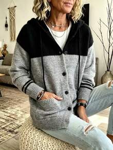 Women's Colorblock Hooded Knit Cardigan, Front Button Striped Long Sleeve Loose Sweater Jacket, Suitable For Winter Casual Daily Wear - Grey - View 3
