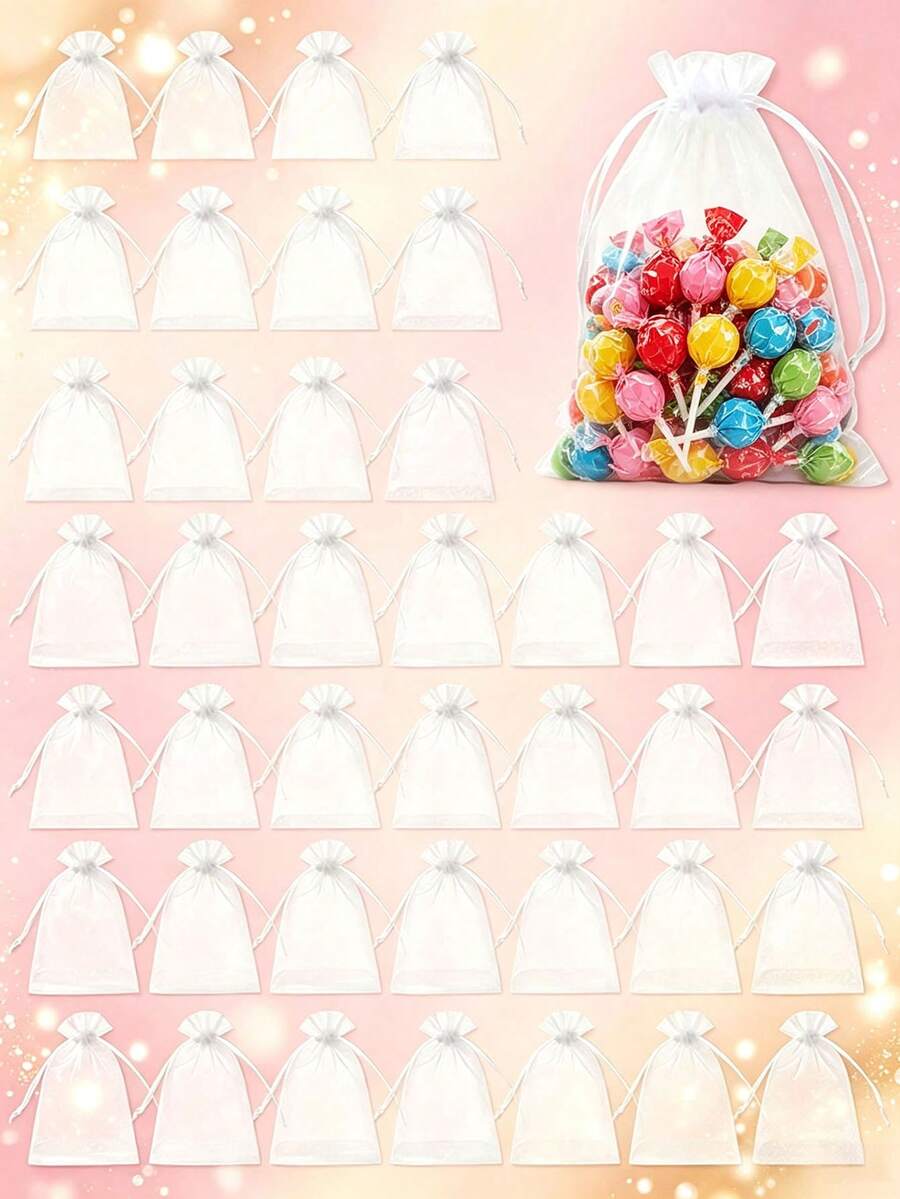 1/10/50pcs White Drawstring Gift Packaging Bags, Small Transparent Mesh Jewelry Storage Bags, Wedding Favor Bridal Party Candy Jewelry Earrings Bracelet Cosmetics Sample Mini Packaging Storage Gift Bags - Multicolor - View 1