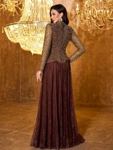 UNITHORSE [Random Cut] Women's Elegant Stand Collar Straight Long Sleeve Cuff Slit Sequin Embroidery Contrast Lace Formal Evening Gown Dress - Coffee Brown - View 3