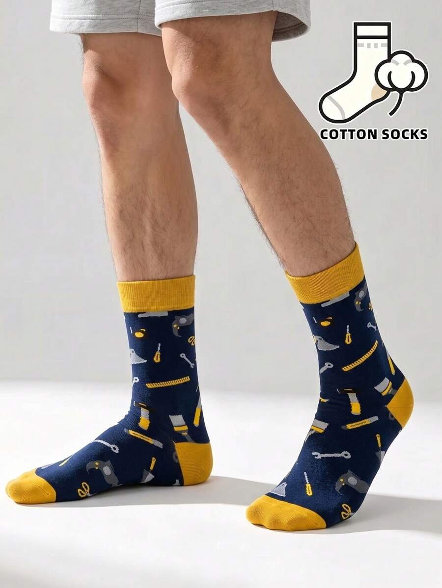 1 Pair Novelty Mechanical Tool Pattern Crew Socks, Navy Blue And Yellow Fashion Socks, Quirky Workwear Aesthetic Socks, All-Over Print Hardware Tool Street Style Mid-Calf Socks - Multicolor - View 1