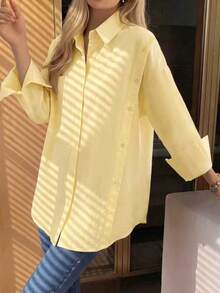 Kemeja Polos dengan Kancing Depan dan Saku, Blus Lengan Panjang untuk Wanita, Musim Semi, Musim Panas, Musim Gugur - Kuning muda - View 4