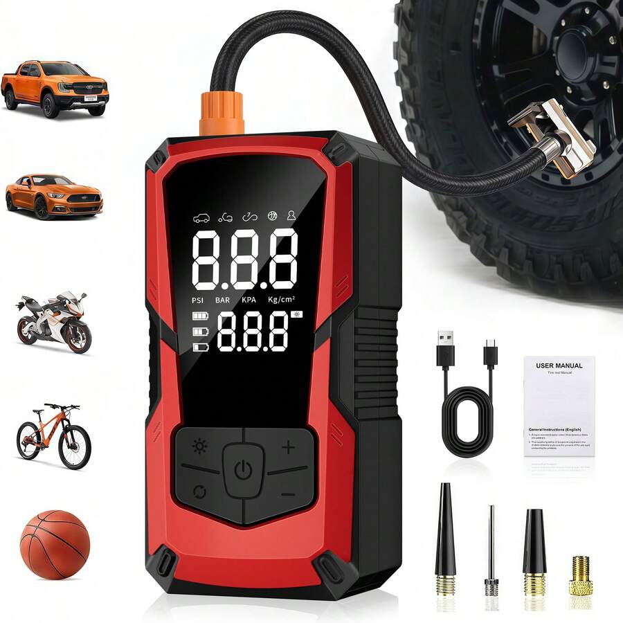 1 PC Portable Tire Inflator For Car Cordless, Rechargeable Air Pump With Digital Pressure Gauge, 150PSI Auto Shut-Off Fast Inflation LED Light, Multifunctional Car Air Compressor For Tires Bikes Balls