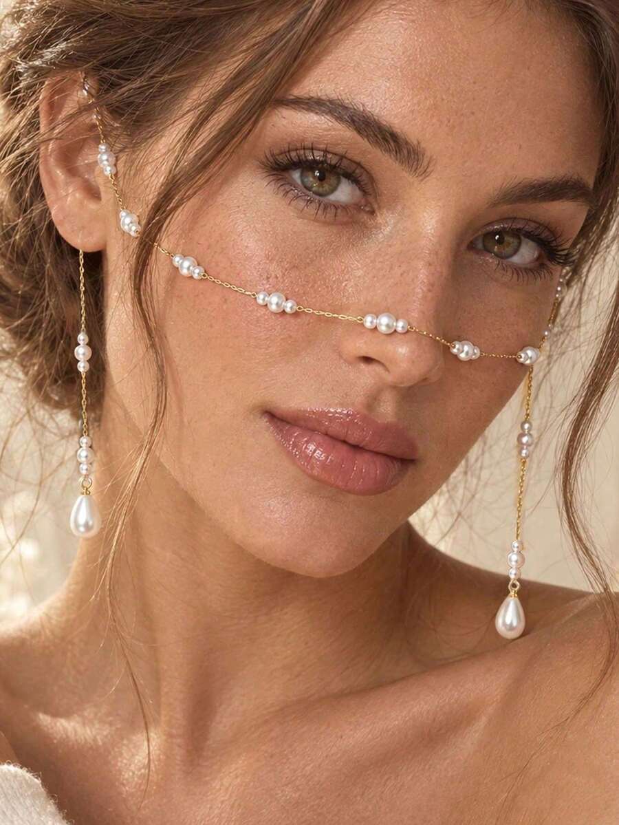 XYHEALER 1pc Pearl Face Chain For Women, Gold Tone Facial Jewelry With Teardrop Pearl Dangles, Elegant Bridal Face Accessory For Wedding Prom Party - Multicolor - View 1
