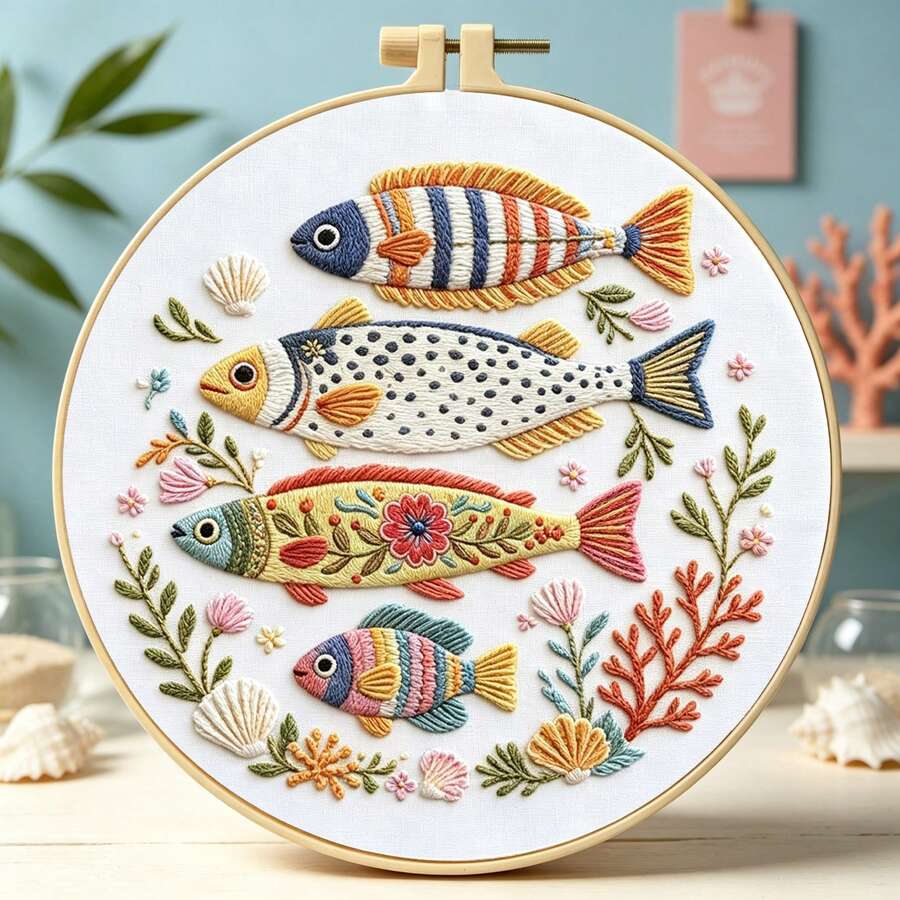 2 Styles Fun Pattern Embroidery Kit, American Vintage Fish / Bohemian Tropical Plant DIY Handmade Embroidery, Fresh Healing Home Decor Ornament