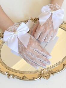 1 Pair Women's Spring/Summer Thin Lolita Bride Cosplay Lace Gloves With Bow, Versatile - White - View 5