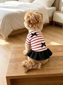 1pc Thickened Derong Short Sleeve Dog & Cat Dress, Simple Striped, Autumn/Winter, For Teddy, Pomeranian, Yorkshire Terrier, Bichon Frise, Pet Clothes - Red and White - View 3