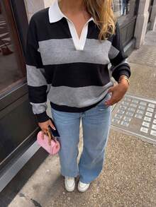 Just Masa Women's Fall Casual Colorblock POLO Collar Sweater Pullover,Long Sleeve Loose Preppy Simple Basic Rib-Knit Top,For Halloween,Christmas,Daily - Black and Gray Stripes - View 9