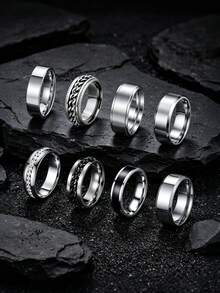 Stainless Steel Men's Rings, Spinner Chain Ring & Plain Band Ring, Men's Jewelry, Promise Rings For Wedding Engagement, Men Accessories Holiday Gifts - Multicolor - View 4