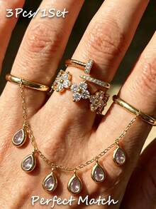 3 Buah Cincin Liontin Tetes Air Vintage Modis yang Indah, Cincin Daun Semanggi Empat, Cincin Jari Terhubung, Set Cincin Warna Emas dengan Hiasan Berlian Imitasi Tembaga, Cocok untuk Pemakaian Sehari-hari Wanita, Pesta, Pertemuan, Paduan Gaya Liburan, Hadiah Liburan, Hadiah Perhiasan, Perhiasan Pernikahan - Emas - View 1
