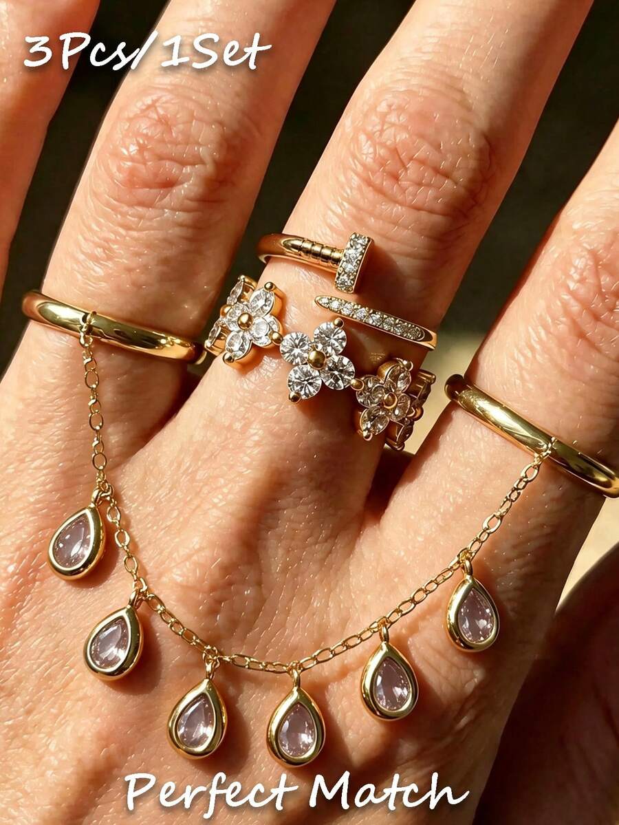 3 Buah Cincin Liontin Tetes Air Vintage Modis yang Indah, Cincin Daun Semanggi Empat, Cincin Jari Terhubung, Set Cincin Warna Emas dengan Hiasan Berlian Imitasi Tembaga, Cocok untuk Pemakaian Sehari-hari Wanita, Pesta, Pertemuan, Paduan Gaya Liburan, Hadiah Liburan, Hadiah Perhiasan, Perhiasan Pernikahan - Emas - View 1