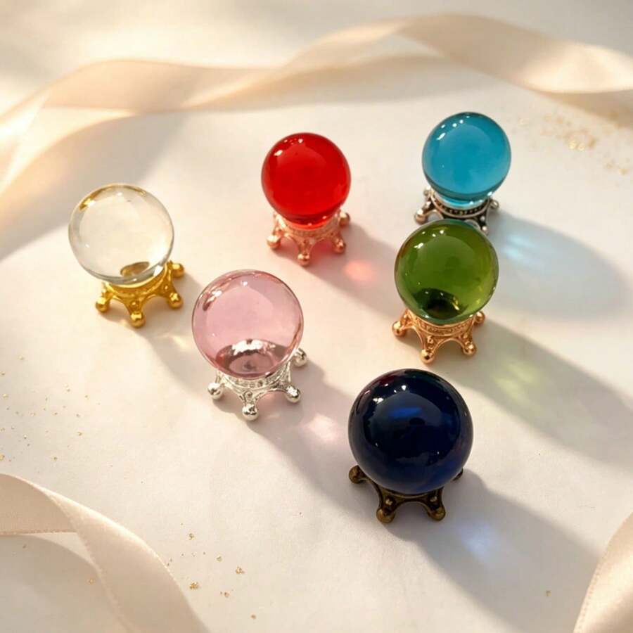 5pcs Multicolor Crystal Magic Fortune Ball Decoration Set, Transparent Glass Orb With Golden Stand Base, Fantasy Crystal Ball Desk Ornament For Home Decor, Office Shelf Display, Party Decoration, Photography Props, Collection And Gift Giving - Multicolor - View 1